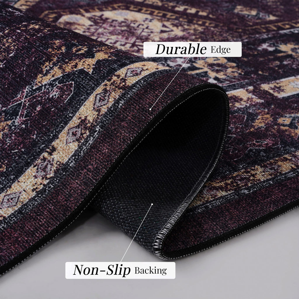 2x10 Low-Pile Non-Slip Non-Shedding Washable Area Rug, Kid and Pet Friendly, Carpet for Living Room, Bedroom, Kitchen, Black+Burgundy