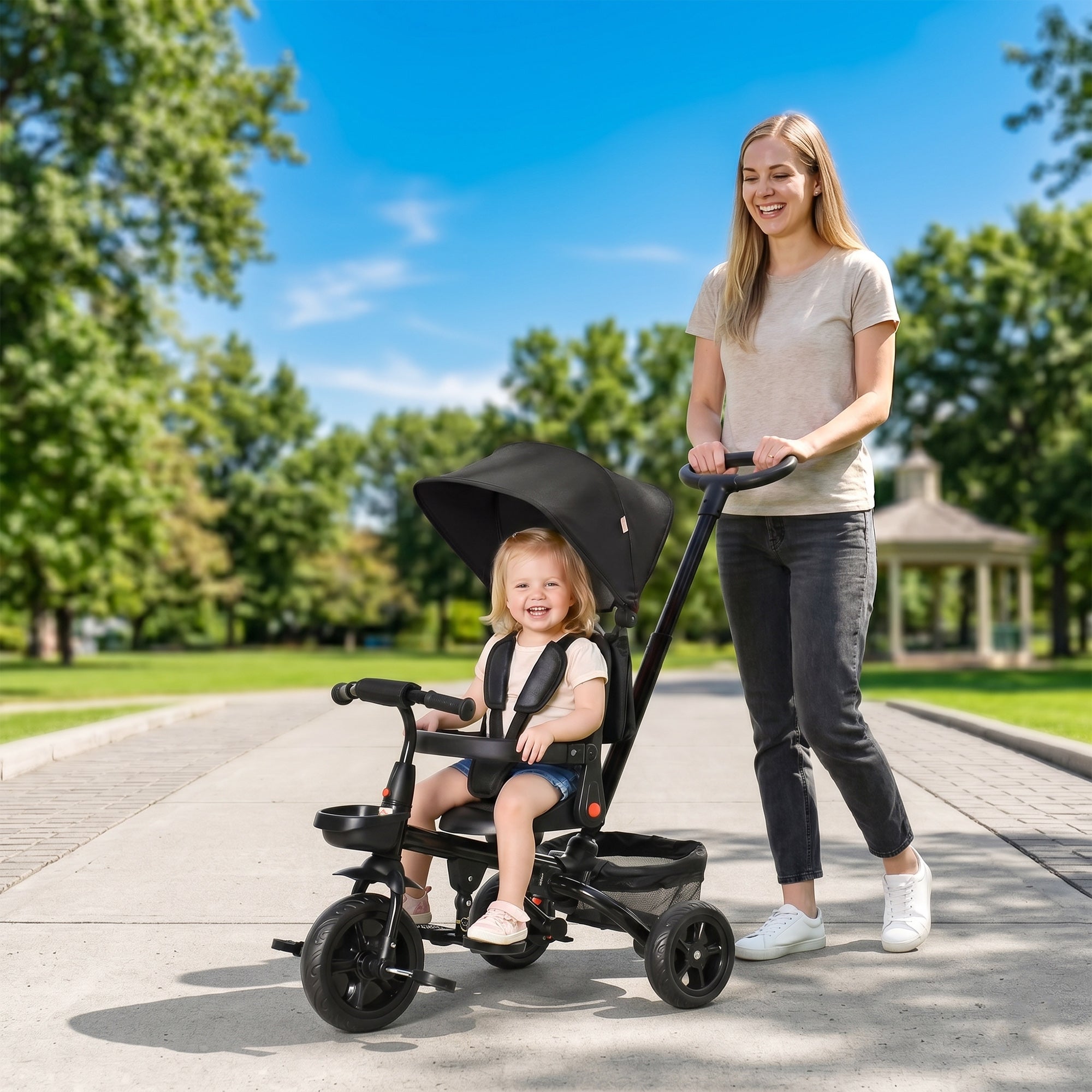 Kids Tricycle, 5 in 1 Foldable Trike with Reversible Seat, Adjustable Parent Handle, Safety Harness, Wheel Brakes, Removable Canopy, Storage, Tricycle for Toddlers 1-5 Years, Black