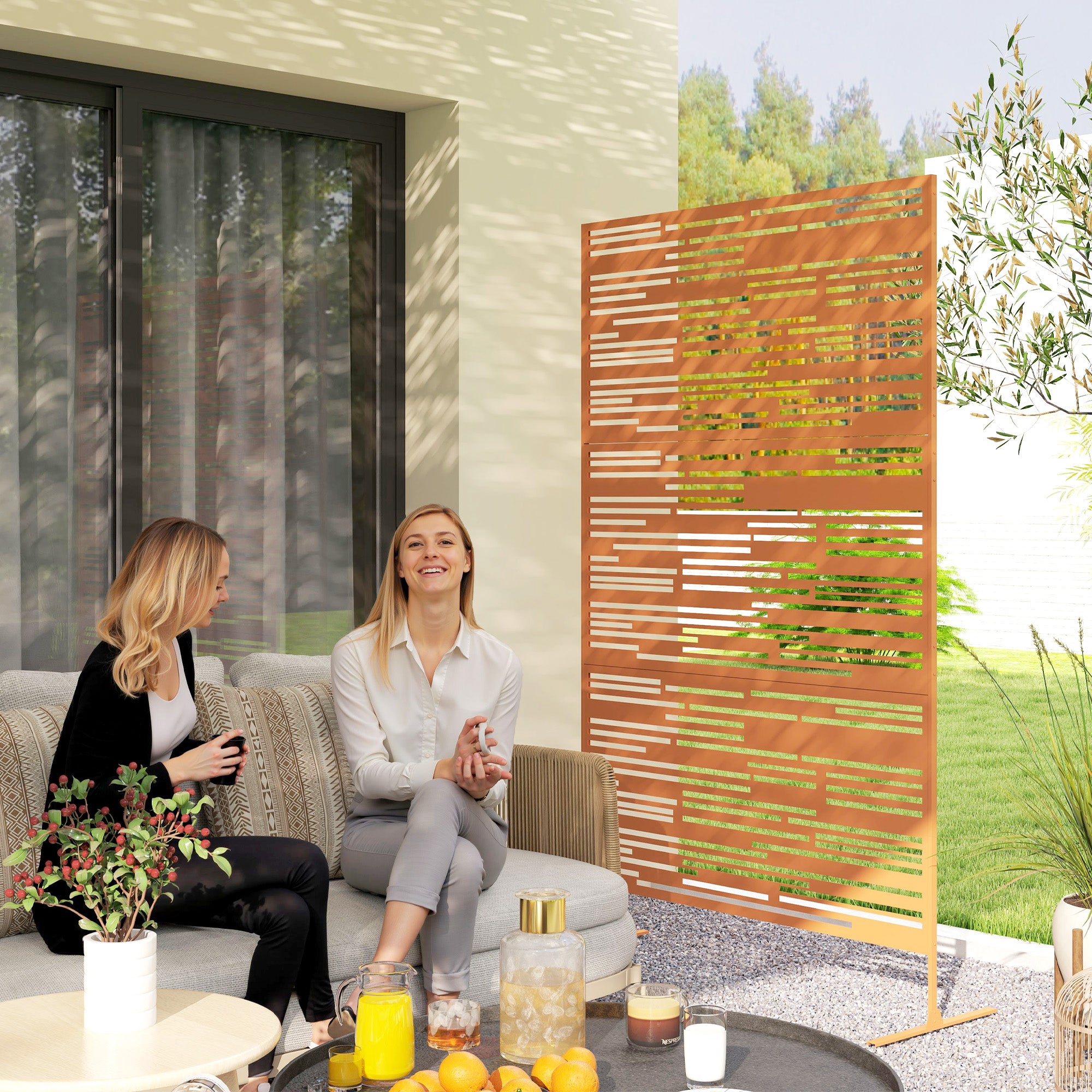 78" H x 48" W Metal Outdoor Privacy Screen, Freestanding Decorative Privacy Fence Screen for Balcony, Brown