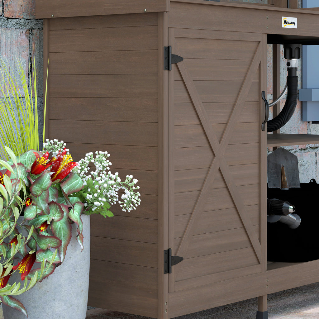 Wooden Potting Bench with Storage, Sink, Water Tap for Backyard, Patio, Balcony, Dark Brown