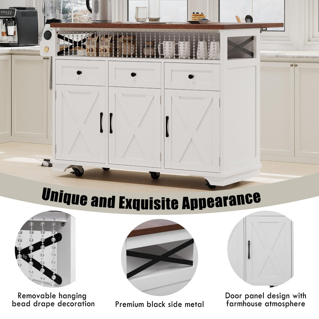Farmhouse Kitchen Island Cart with Beaded Drape, Power Outlet, Drop Leaf, Rolling Wheels, 3 Doors, 3 Drawers, Adjustable Shelves, White