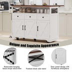 Farmhouse Kitchen Island Cart with Beaded Drape, Power Outlet, Drop Leaf, Rolling Wheels, 3 Doors, 3 Drawers, Adjustable Shelves, White