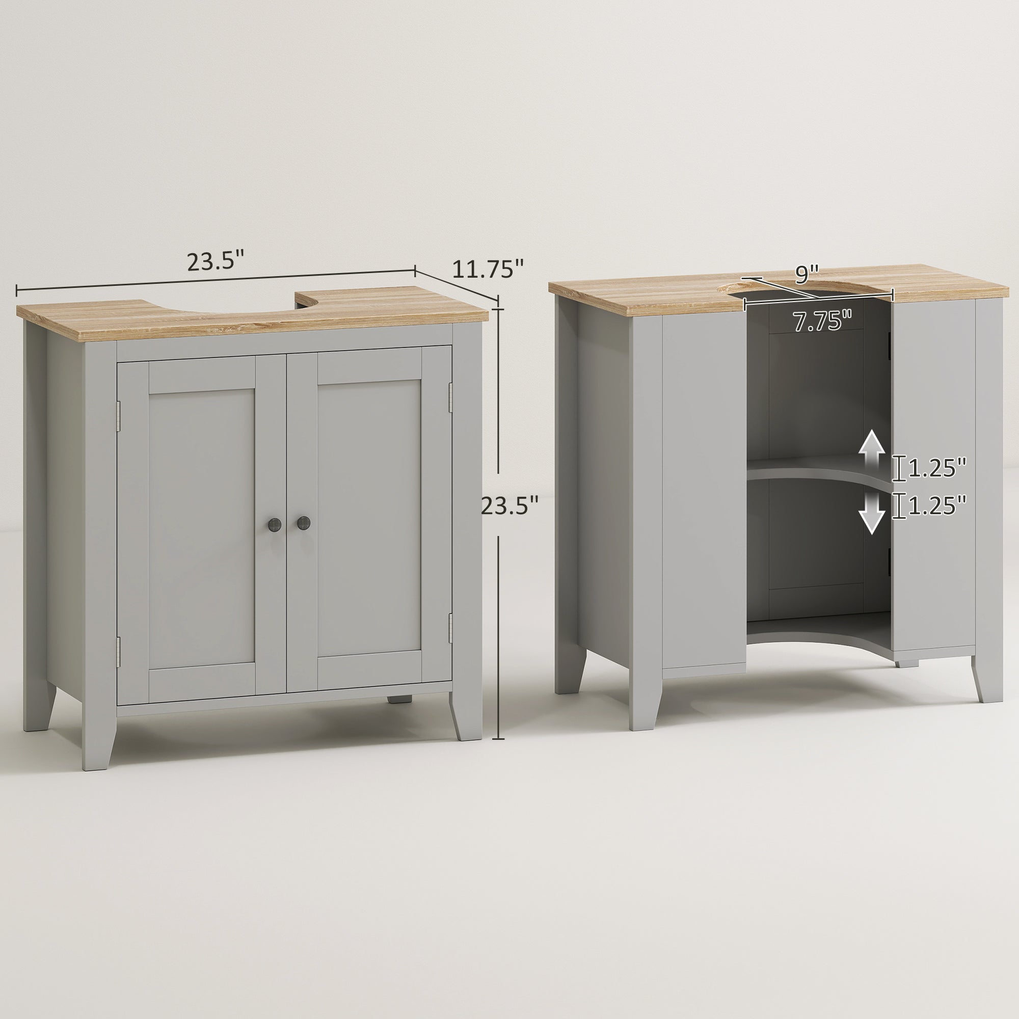 Bathroom Vanities, Pedestal Sink Cabinet with U-Shaped Cut-out and Adjustable Shelf, Gray