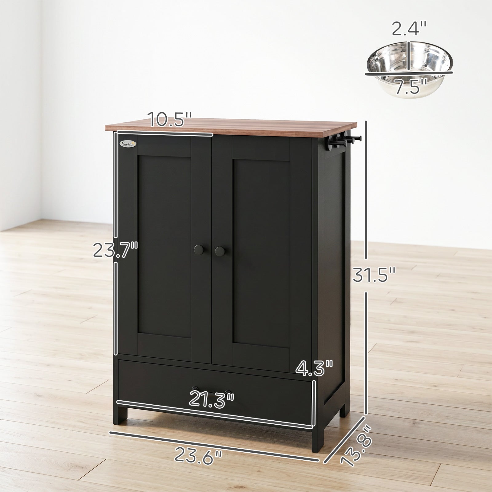 Pet Feeding Station, Dog Food Storage Cabinet w/ Raised Dog Bowls, Adjustable Panel, Hooks for Medium Dogs, Black