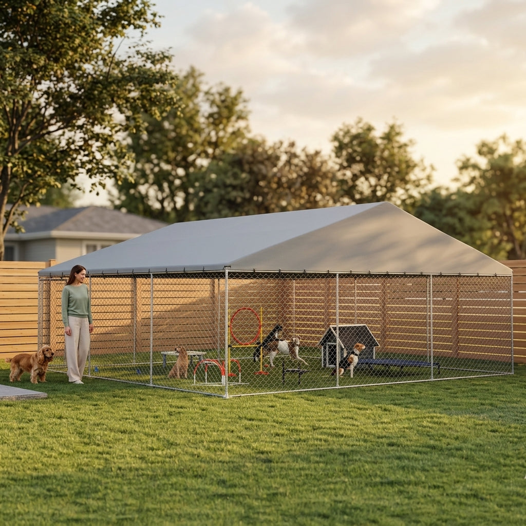 Heavy Duty Outdoor Dog Kennel with Waterproof Roof, Secure Latch, Chain Link Dog Run for Backyard, 19.7' x 19.7' x 8.9'