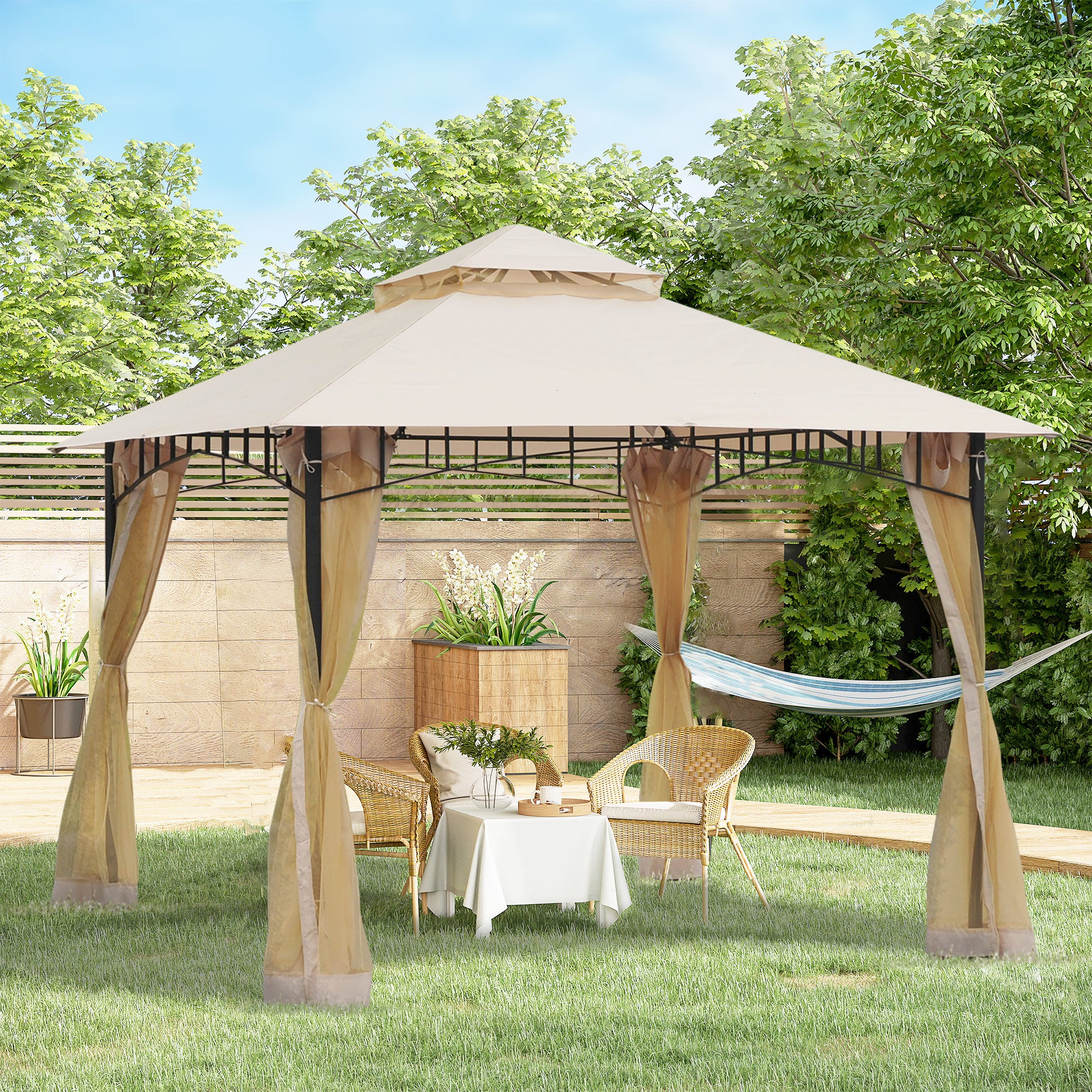 10' x 10' Outdoor Patio Gazebo Canopy Tent with Mesh Sidewalls, 2-Tier Canopy for Backyard, Beige