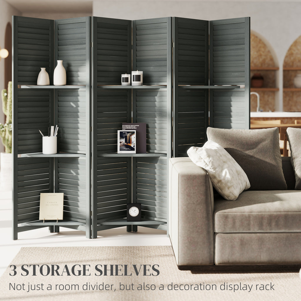 6 Panel 67" Tall Wood Privacy Screen Room Divider with 3 Shelves and Folding Storage for Bedroom, Gray