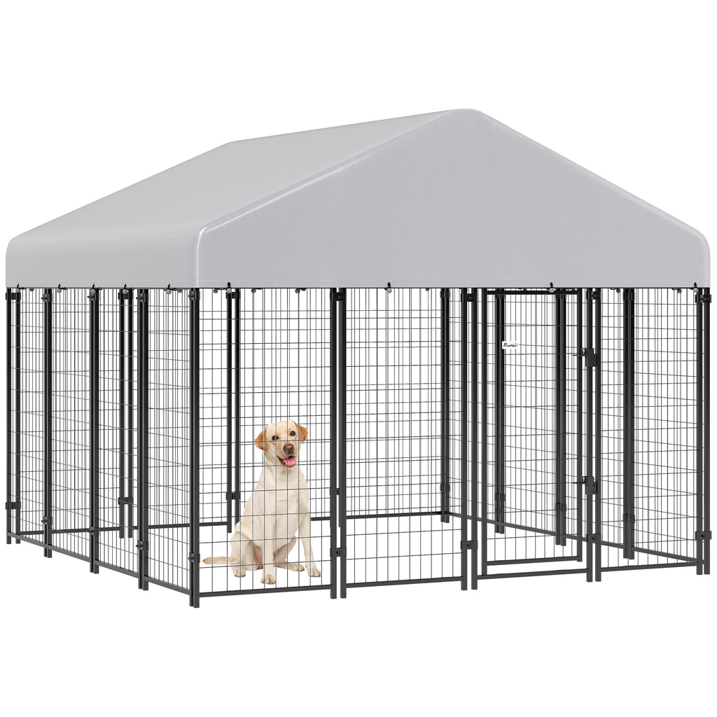 Outdoor Dog Kennel with Roof, 8' x 8' x 6' Heavy Duty Welded Wire Dog Playpen Enclosure with Escape-proof Lock