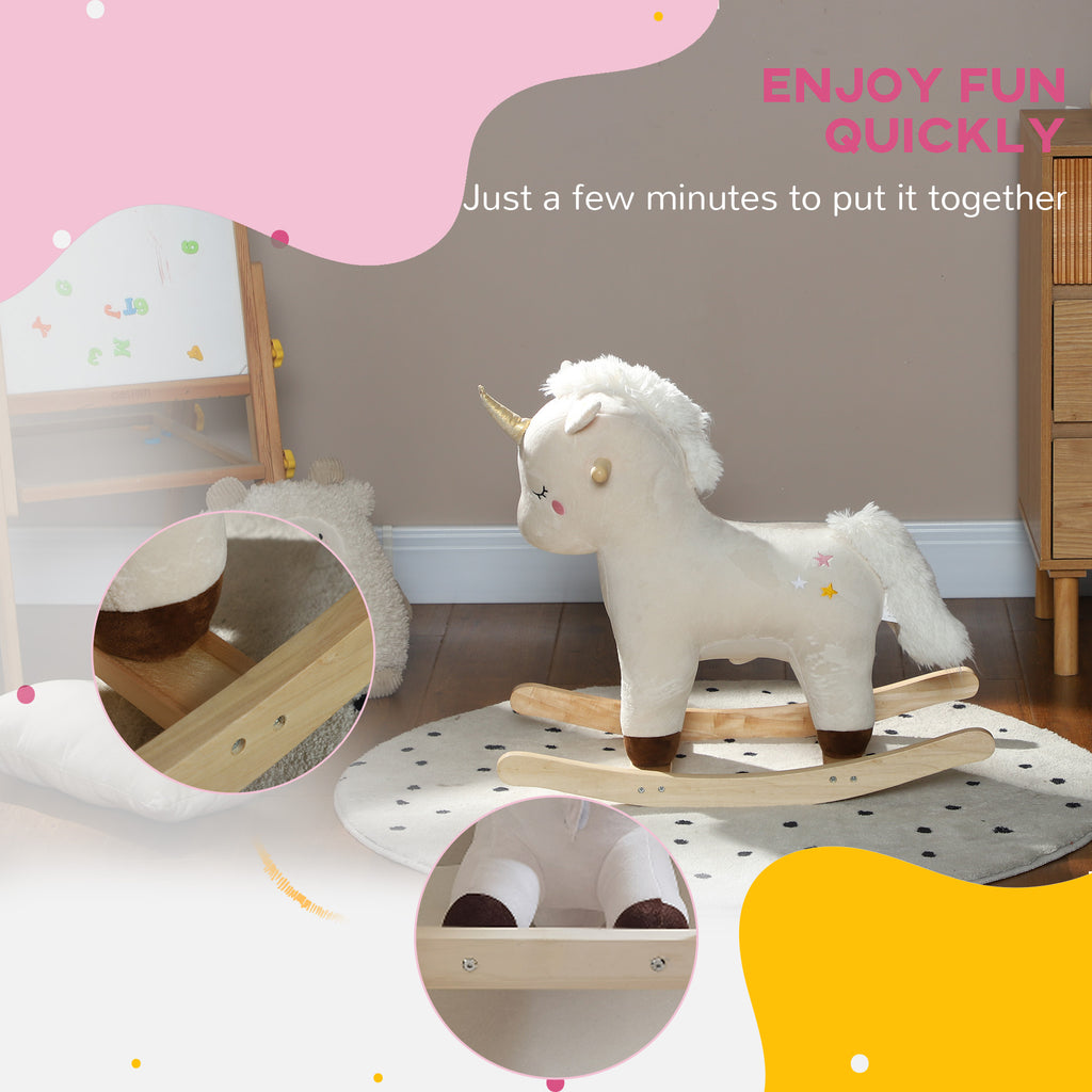 Kids Rocking Horse, Ride on Unicorn with Realistic Sounds & Wooden Base for Years 2-4, White