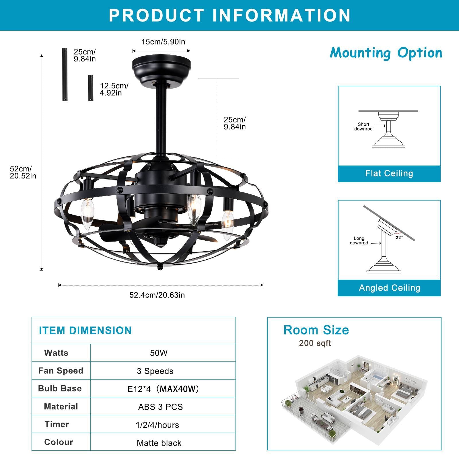 Industrial Bladeless Ceiling Fan with Lights, 18" Caged Design, Reversible Motor, Remote Control, Downrod Mount, E12 Standard Base, Matte Black