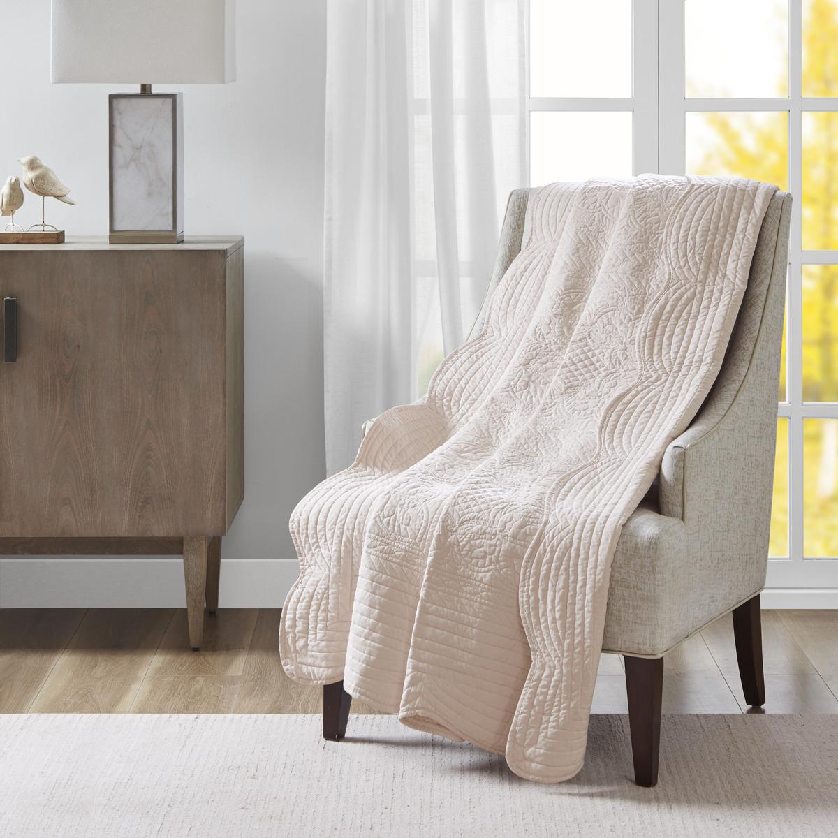 Oversized Quilted Throw with Scalloped Edges, Microfiber Face, Cotton Filled Blanket for Living Room, Bedroom, 72" L x 60" W x 0.25" H, Blush