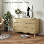6 Drawer Double Dresser for Bedroom, Fluted Chest of Drawers with Gold Finger Pulls and 5 Wood Legs, Natural Wood