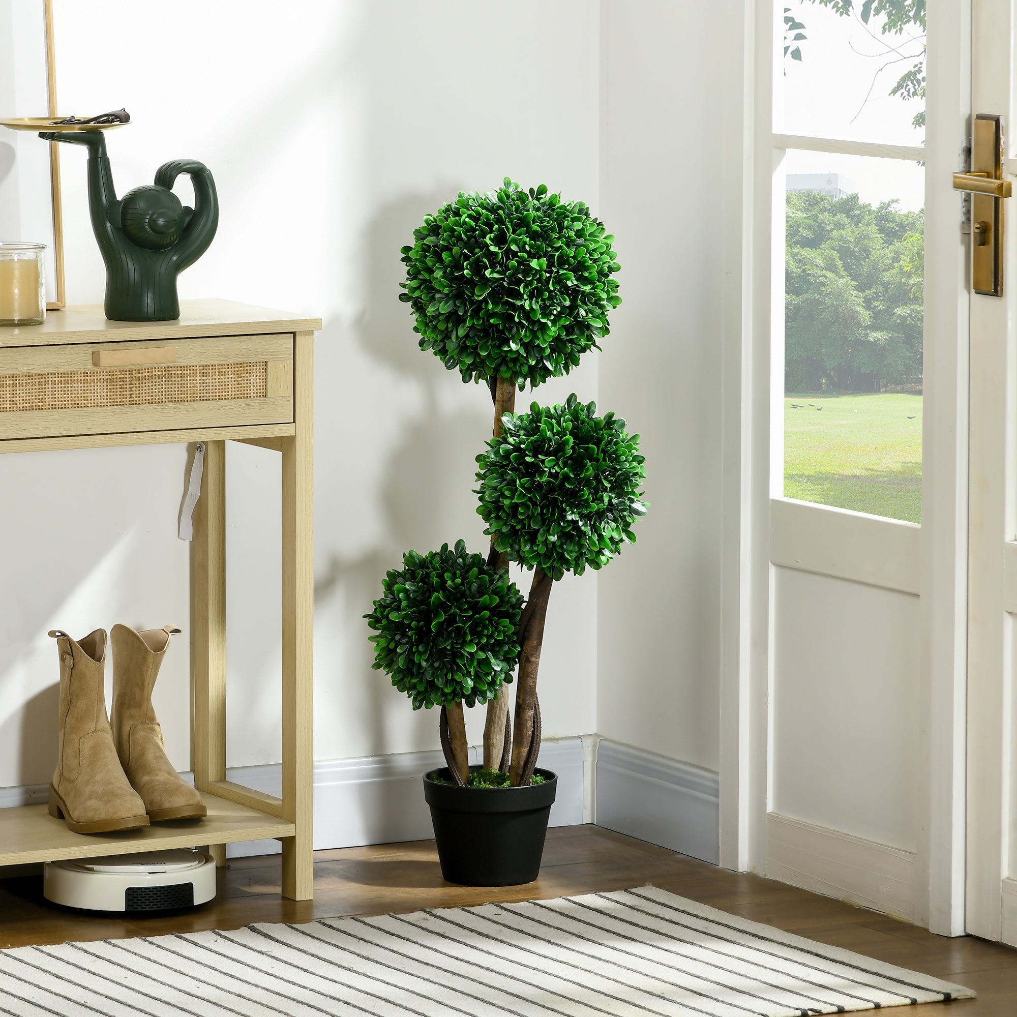 3ft Artificial Tree, Triple Ball Boxwood Topiary with Pot and Sandalwood Leaves, for Indoor Outdoor Home