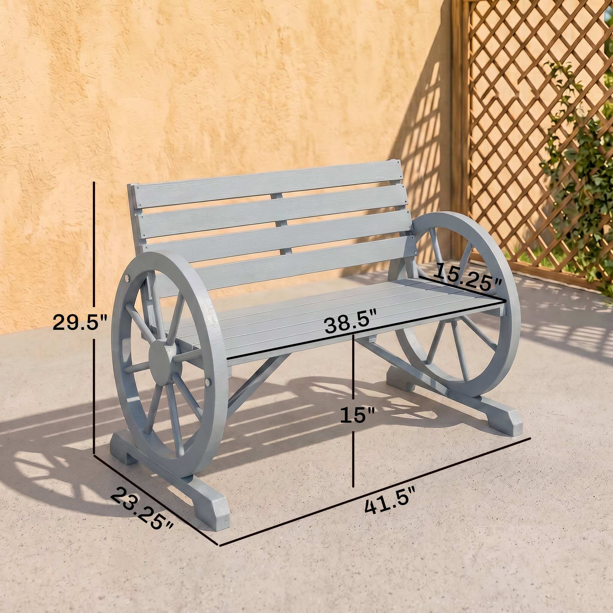 41" Wooden Wagon Wheel Bench, Rustic Outdoor Patio Bench Weather Resistance Furniture, 2-Person Slatted Seat with Backrest, Light Gray