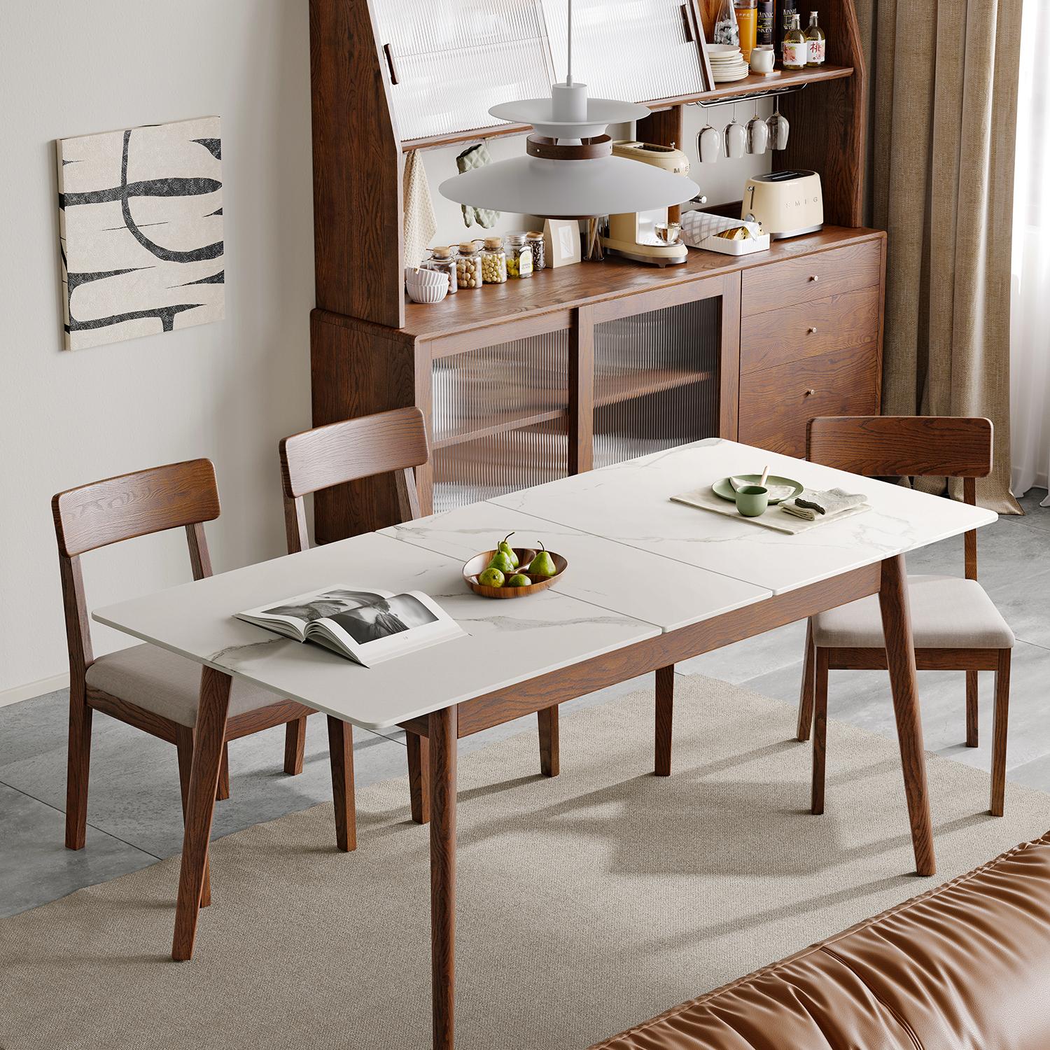 Extendable Dining Table with Stone Slab Tabletop, Sturdy Kitchen Table with Rounded Corners, 59″ L x 31.5″ W x 29.5″ H, White+Walnut