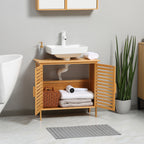 Freestanding Bathroom Sink Cabinet, Bamboo Under Sink Cabinet Cupboard Organizer with 2 Slatted Doors, Natural