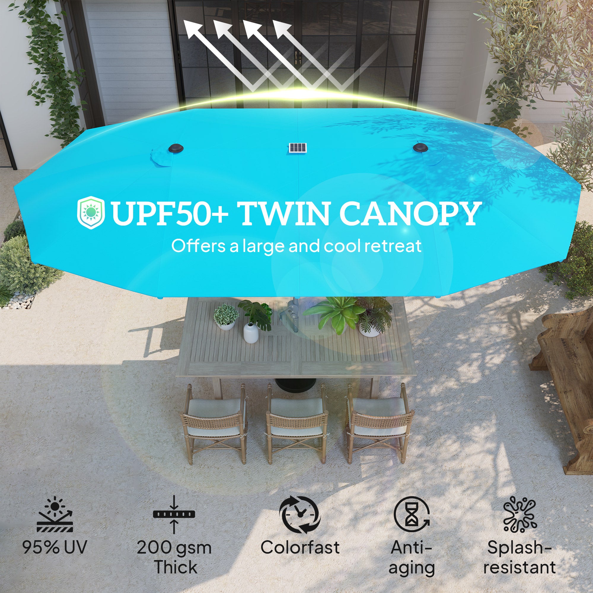 15ft Double-Sided Outdoor Umbrella with Solar Lights, UPF50+ Extra Large Aluminum Patio Umbrella with Crank, Blue
