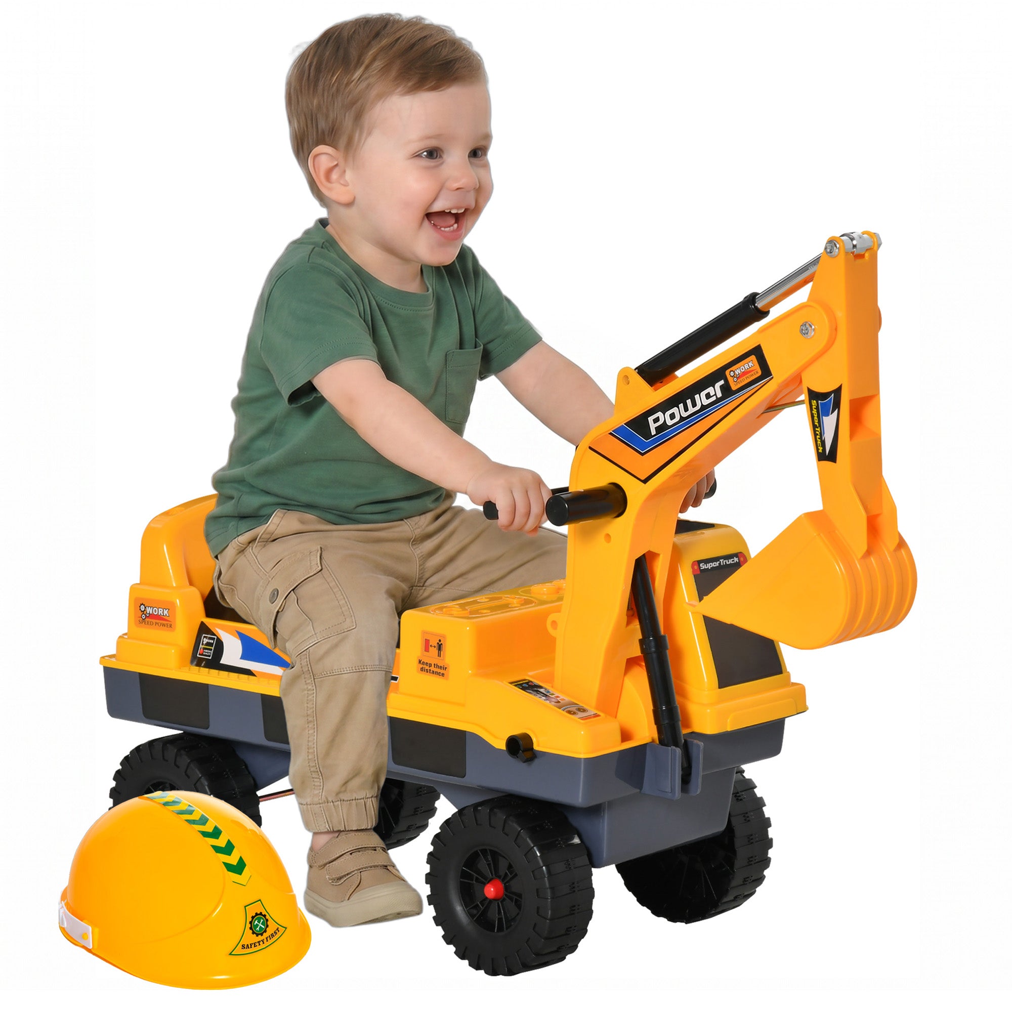 No Power 2 in 1 Ride On Excavator with Helmet and Claw, Construction Truck Set, Multi-Functional Digger with Storage, Light and Music, Yellow