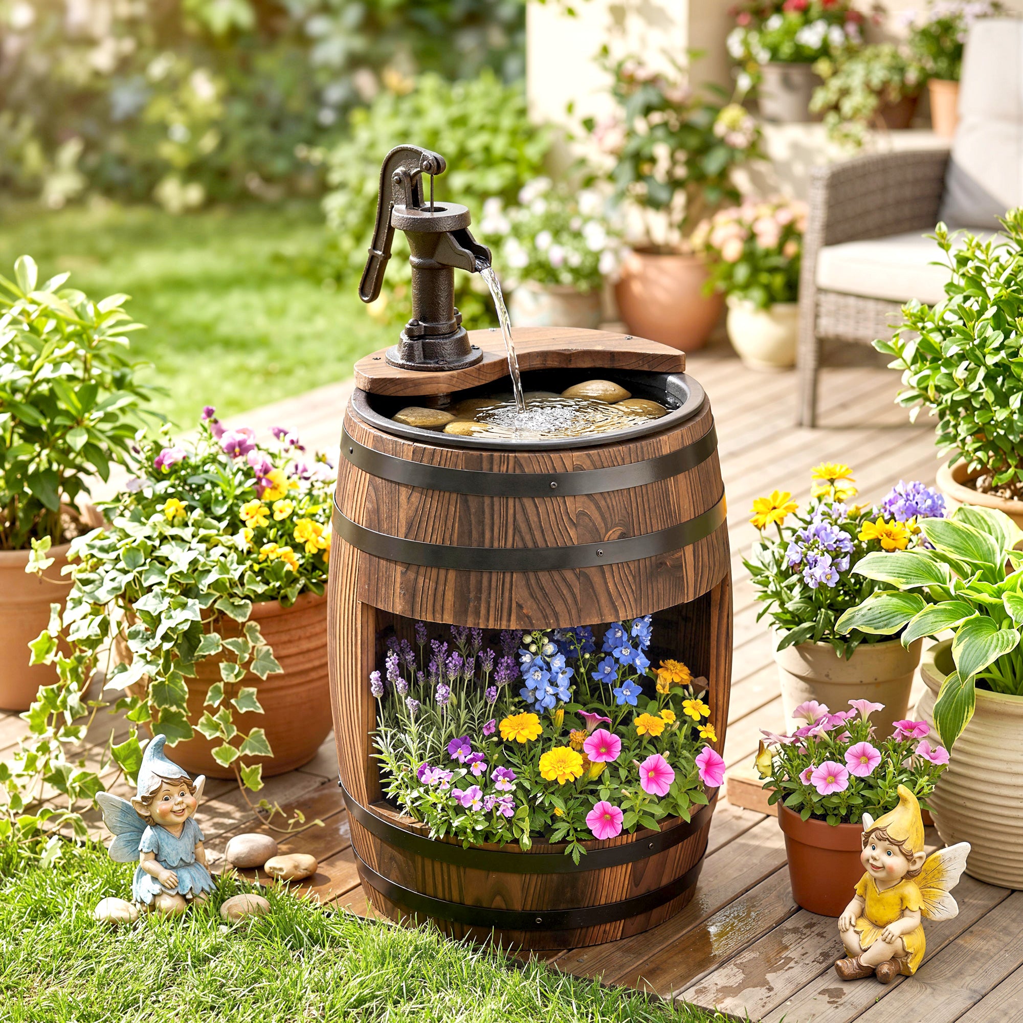 23" H Outdoor Water Fountain Wood and Plastic Rustic Apple Barrel Pump Garden Decor for Outside Backyard