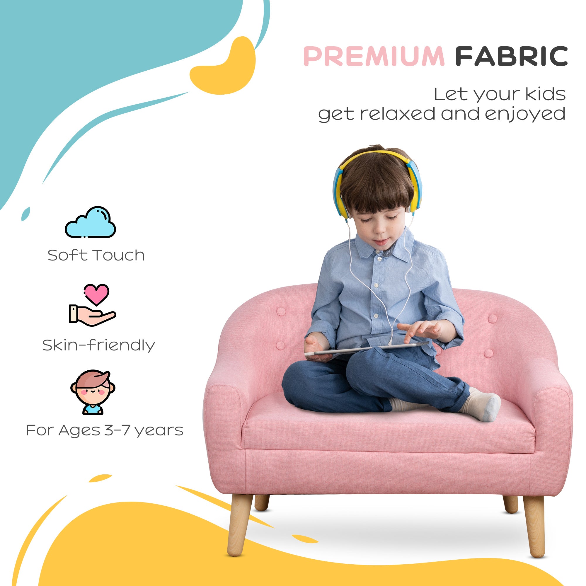 2-Seat Kids Sofa, Toddler Sofa Couch, Linen-Like Fabric & Wood Frame Sofa Chair for Ages 3-7, 11" High Seat, Pink