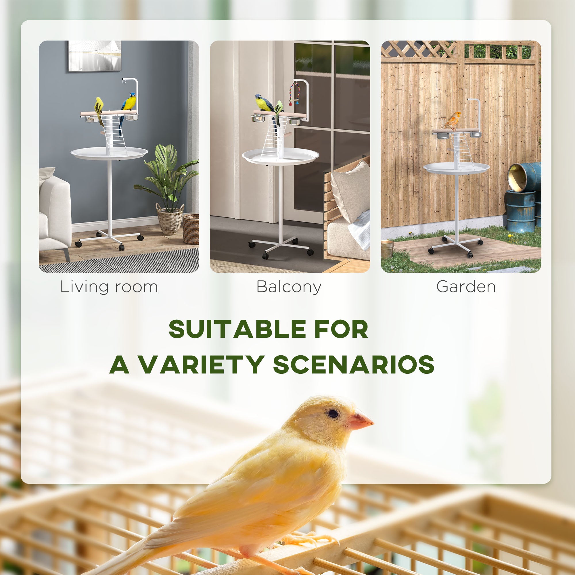 Bird Stand with Wheels, Perches, Feed Bowls, Round Tray for Parrot