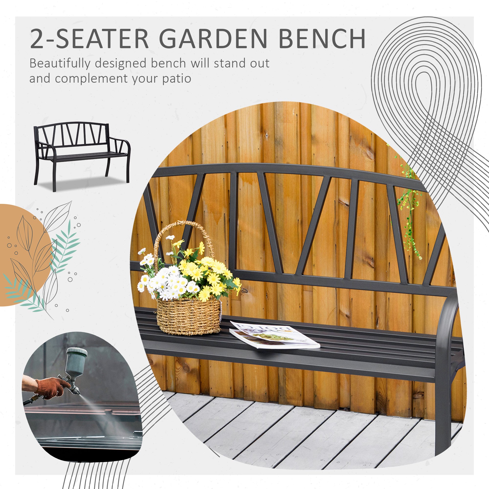50" Outdoor Bench, Metal Garden Bench with V-Shaped Pattern Backrest, Porch Bench with Slatted Seat for Park, Yard, Lawn, Black