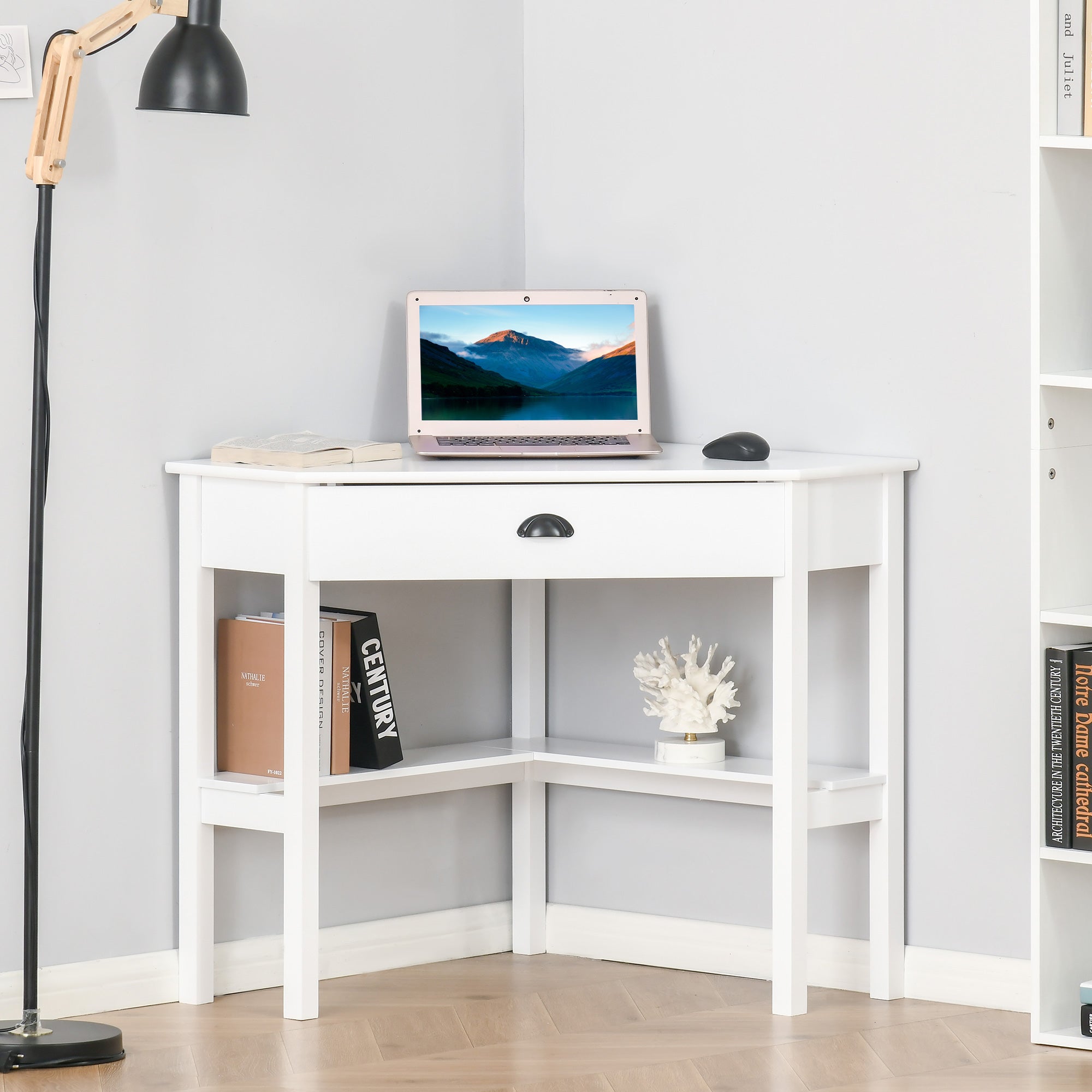 Corner Desk, Triangle Computer Desk with Drawer and Storage Shelves for Small Spaces, Home Office Workstation for Living Room, or Bedroom, White