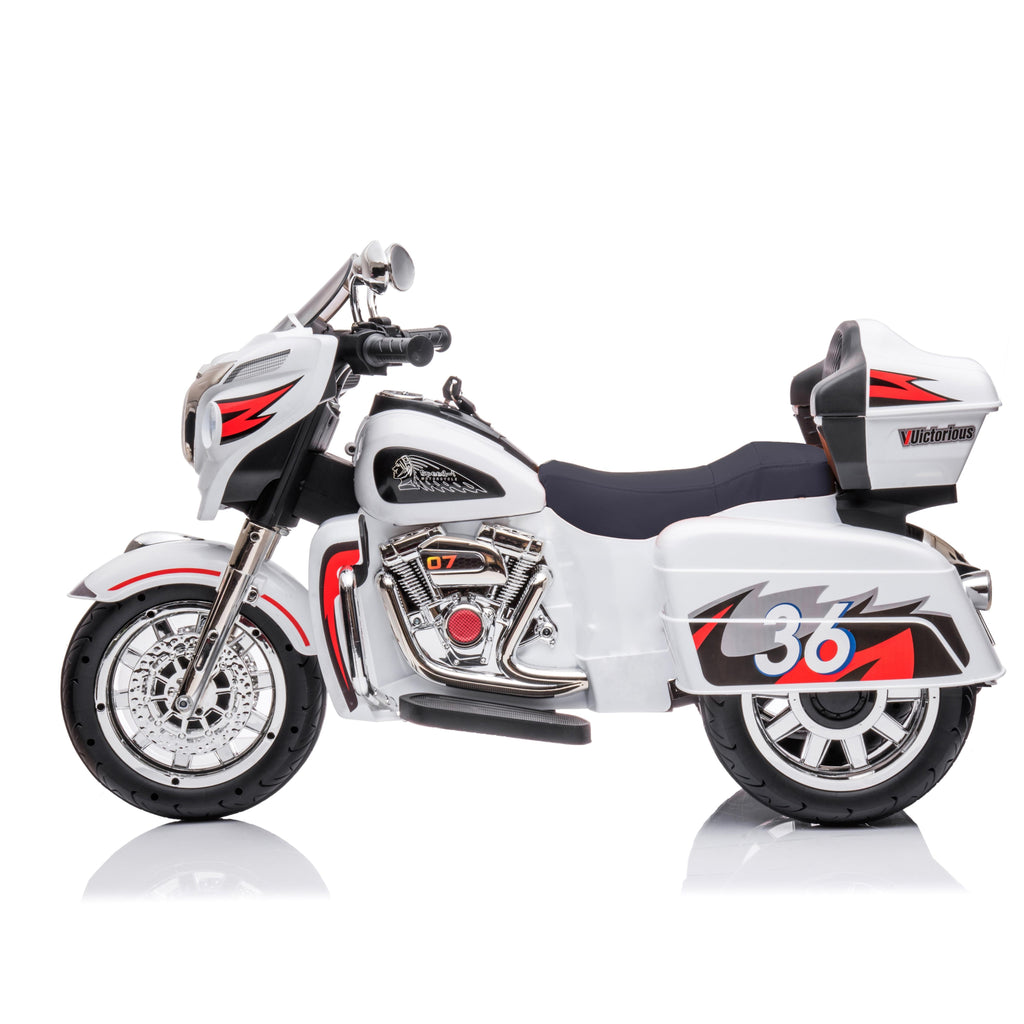 2-Seat 12V Kids Electric Ride-On Motorcycle with Storage Trunk, 3-Wheel Motorbike with MP3 and Bluetooth, 43.5'' L x 19'' W x 26.5'' H, White