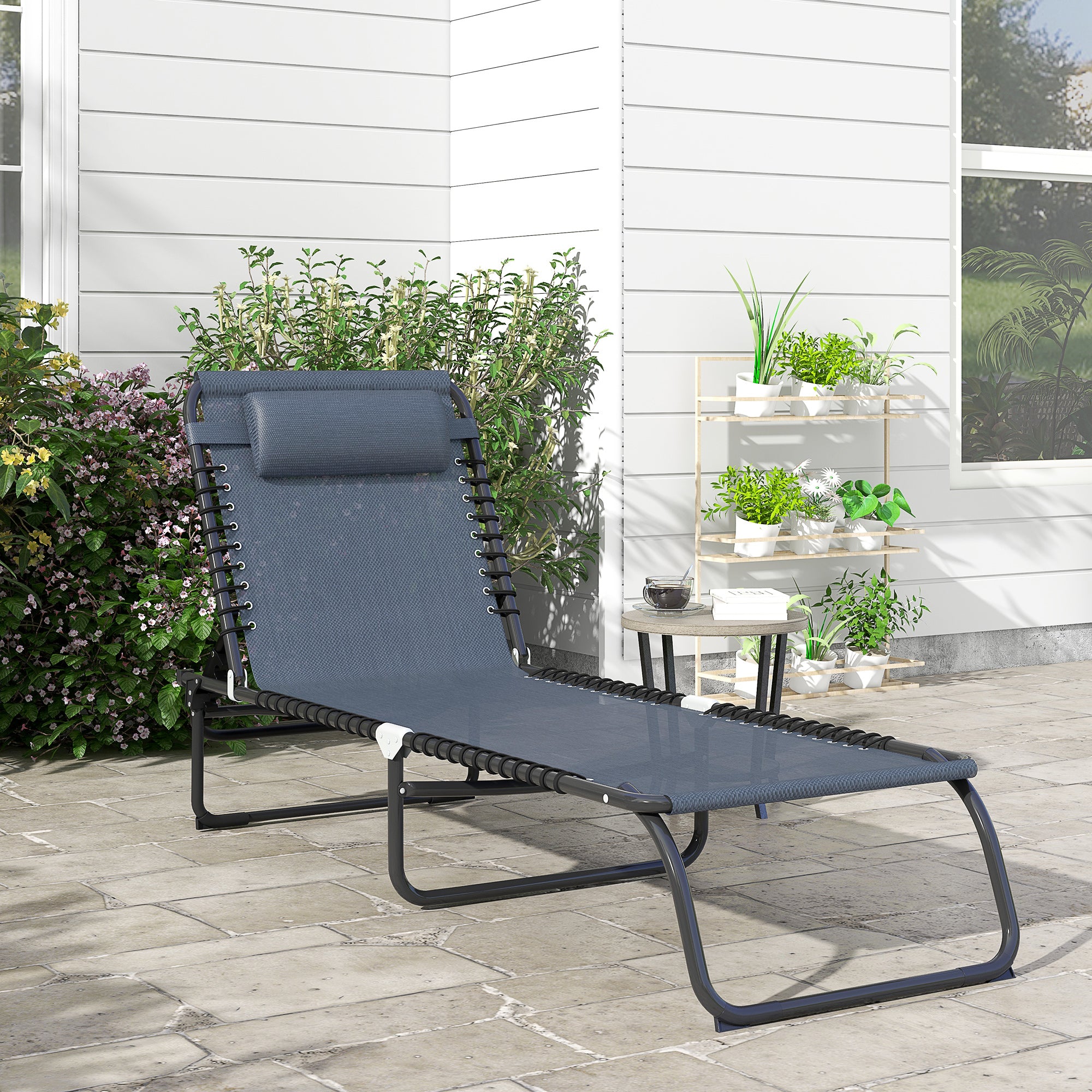 Folding Chaise Lounge Pool Chair with 4-Position Reclining Back, Breathable Mesh & Bungee Seat, Gray