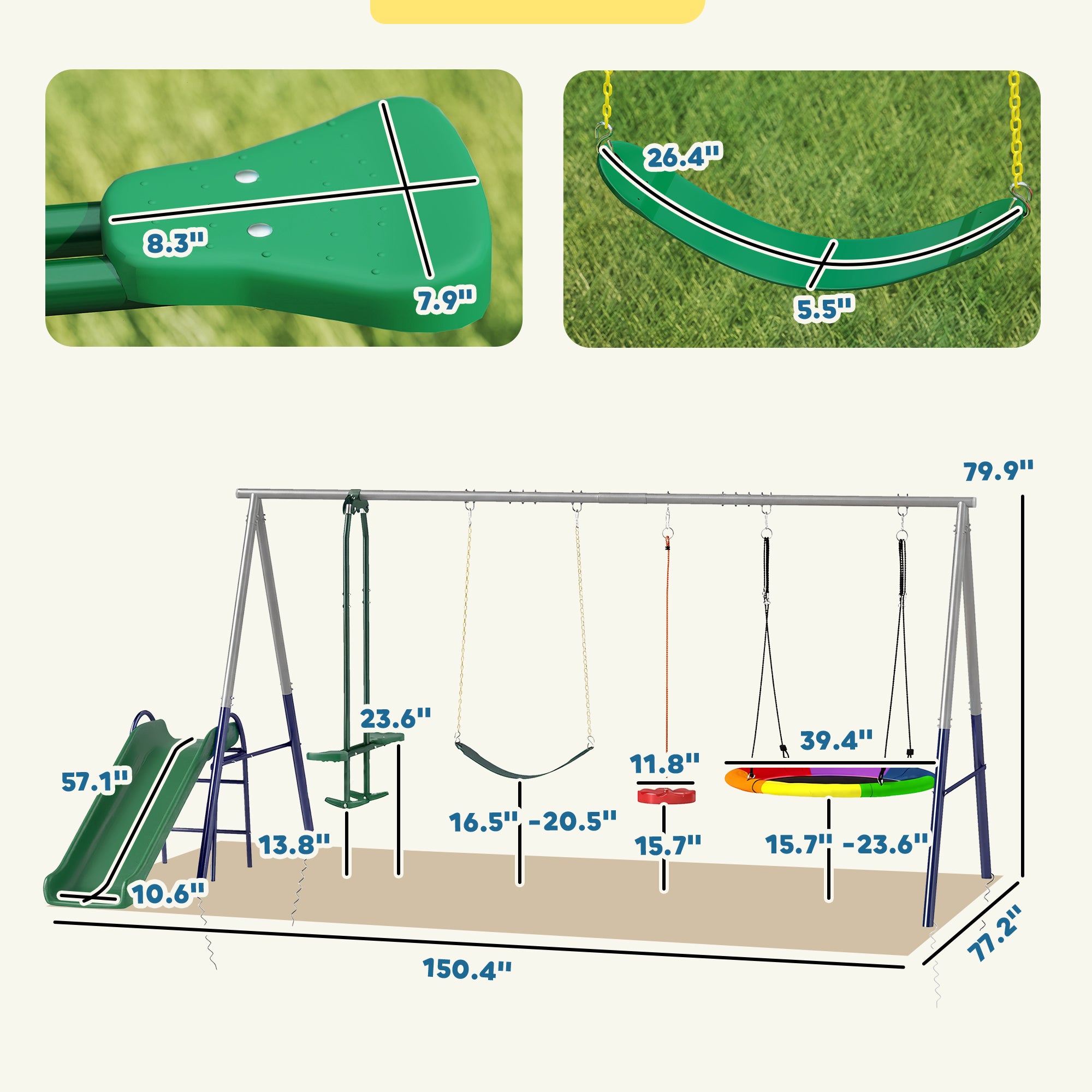 5-in-1 Kids Swing Set with Slide, Swings and Glider for Backyard, 770lbs Capacity, for Ages 3-8, Mixed Color