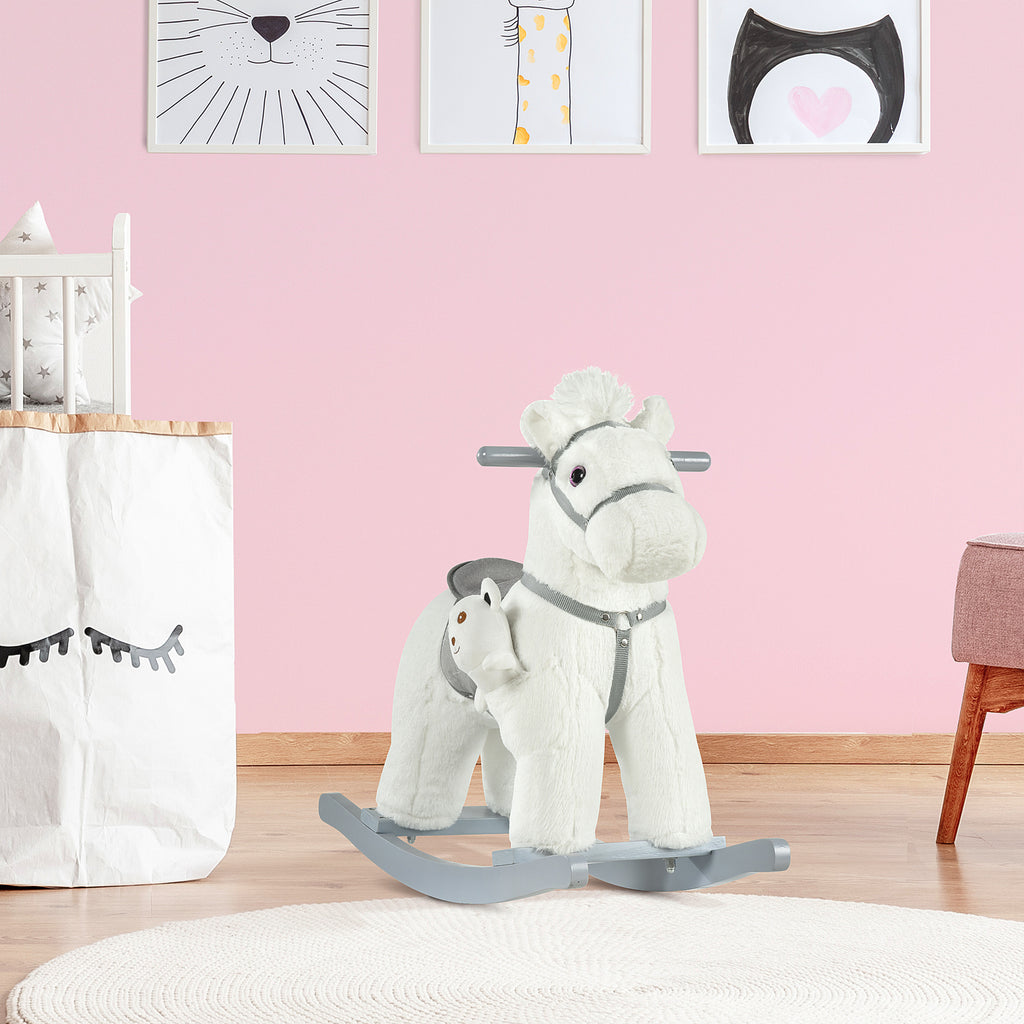 Kids Rocking Horse with Bear Toy, Plush Animal Rocker with Fun Realistic Sounds for Toddler 18-36 Months, White