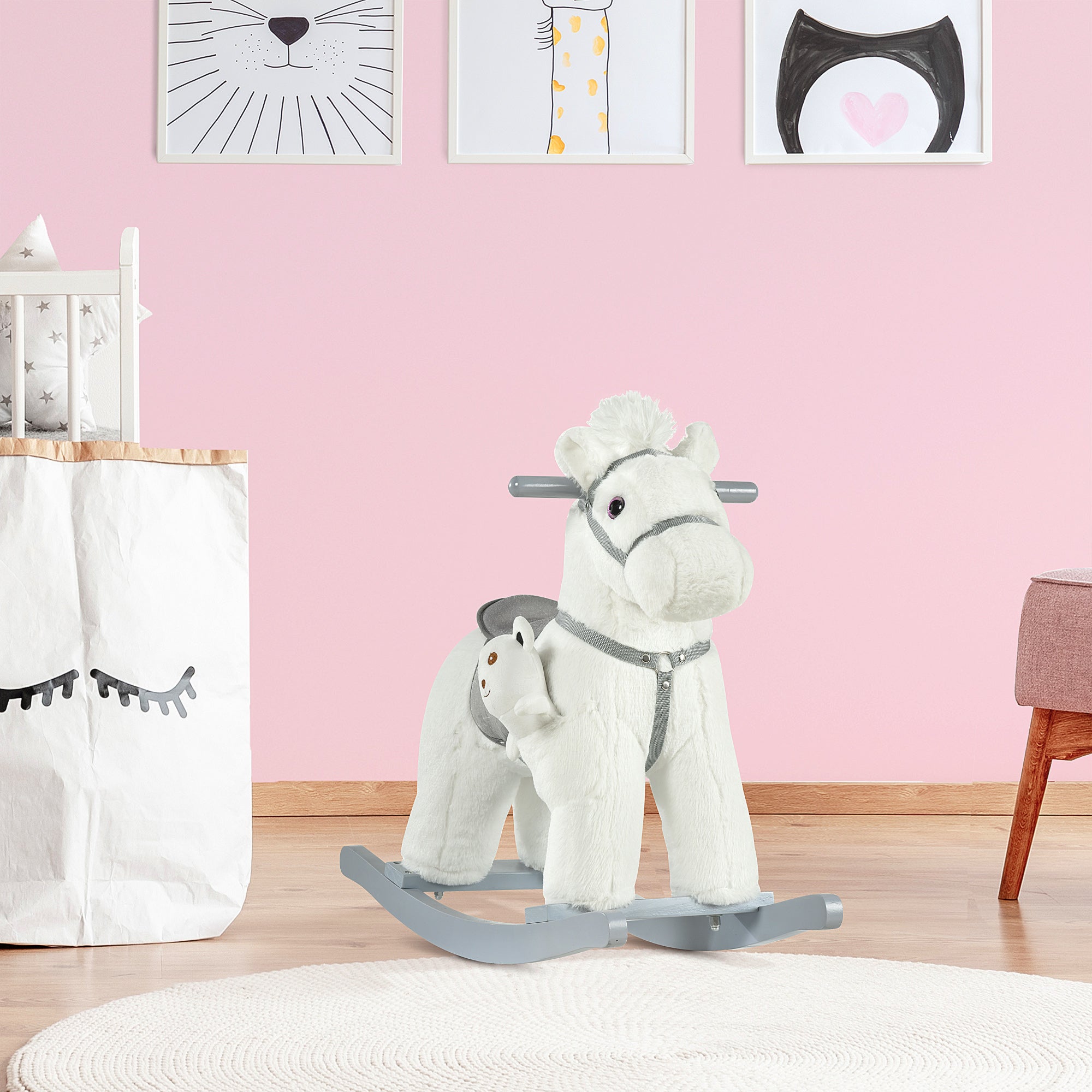 Kids Rocking Horse with Bear Toy, Plush Animal Rocker with Fun Realistic Sounds for Toddler 18-36 Months, White