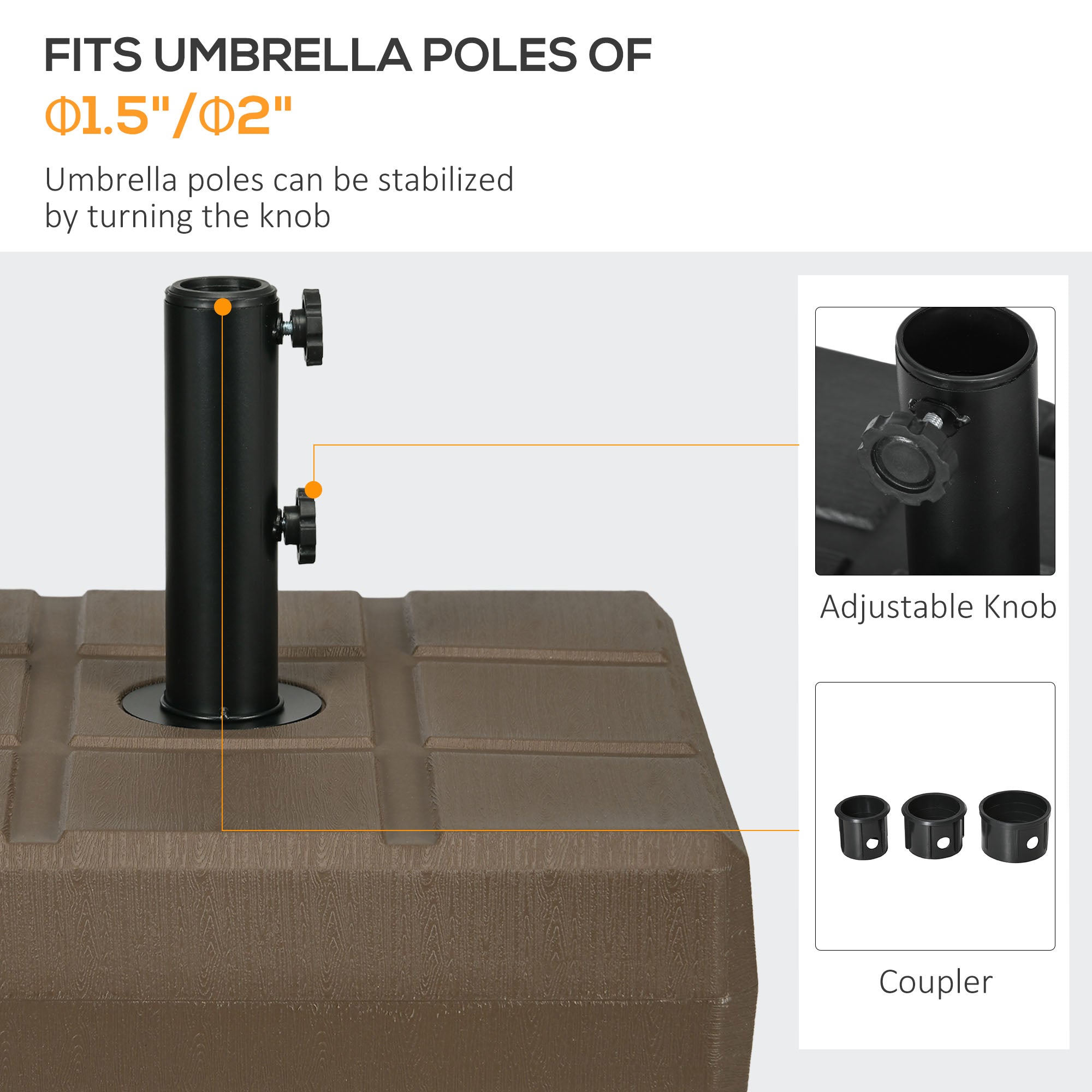Umbrella Stand for 1.5", or 1.9" Umbrella Poles, Fillable Umbrella Base, Brown