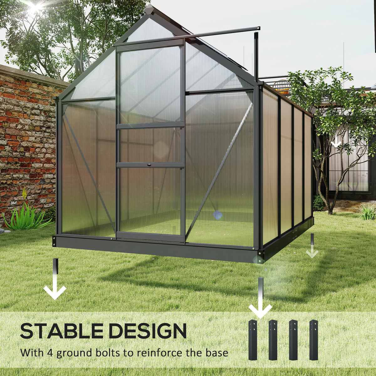 Polycarbonate Greenhouse, Heavy Duty Outdoor Aluminum Walk-in Green House Kit Vent Door, 6.2'x8.3'x6.6' Gray