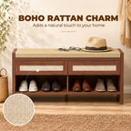 Shoe Bench with Cushioned Seat Shoe Storage Bench with 2 Rattan Drawers and Open Shelf Brown