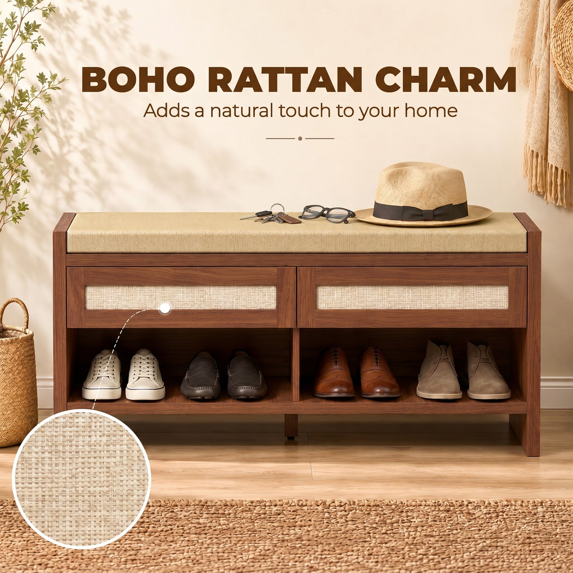 Shoe Bench with Cushioned Seat Shoe Storage Bench with 2 Rattan Drawers and Open Shelf Brown