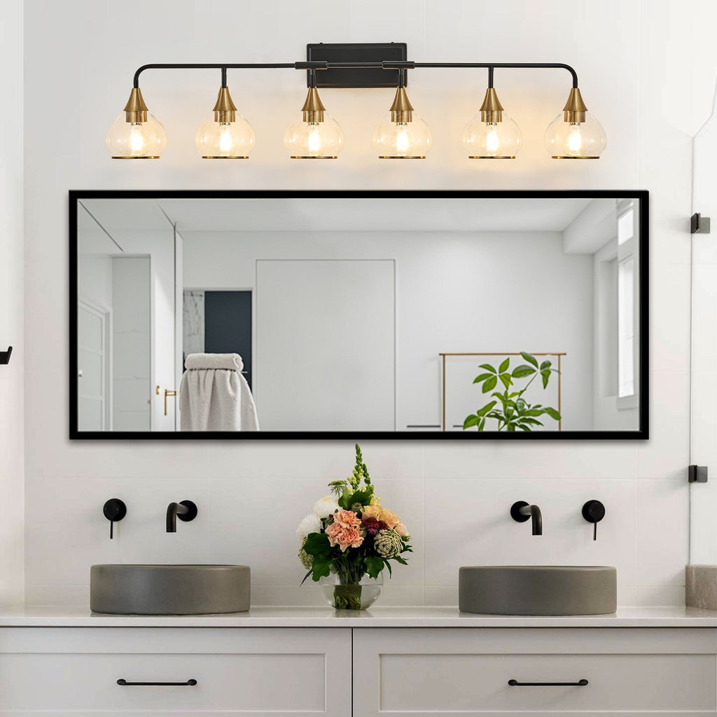 48" Modern 6-Light Vanity Wall Sconce with Clear Glass Shades, Wall Mounted Lamp for Bathroom, Living Room, 48" L x 8" W x 11" H, Black+Gold