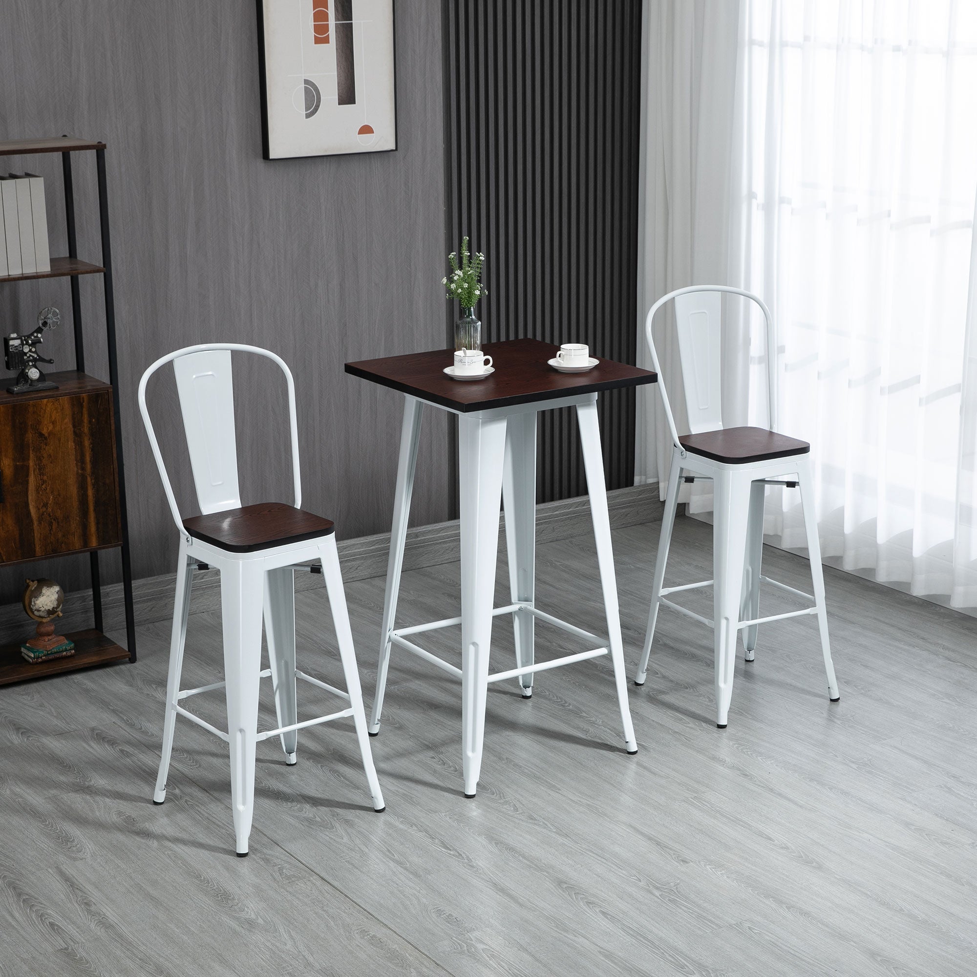 3 Piece Industrial Dining Table Set, Bar Height Bar Table and Chairs Set with Footrests for Bistro, White and Brown