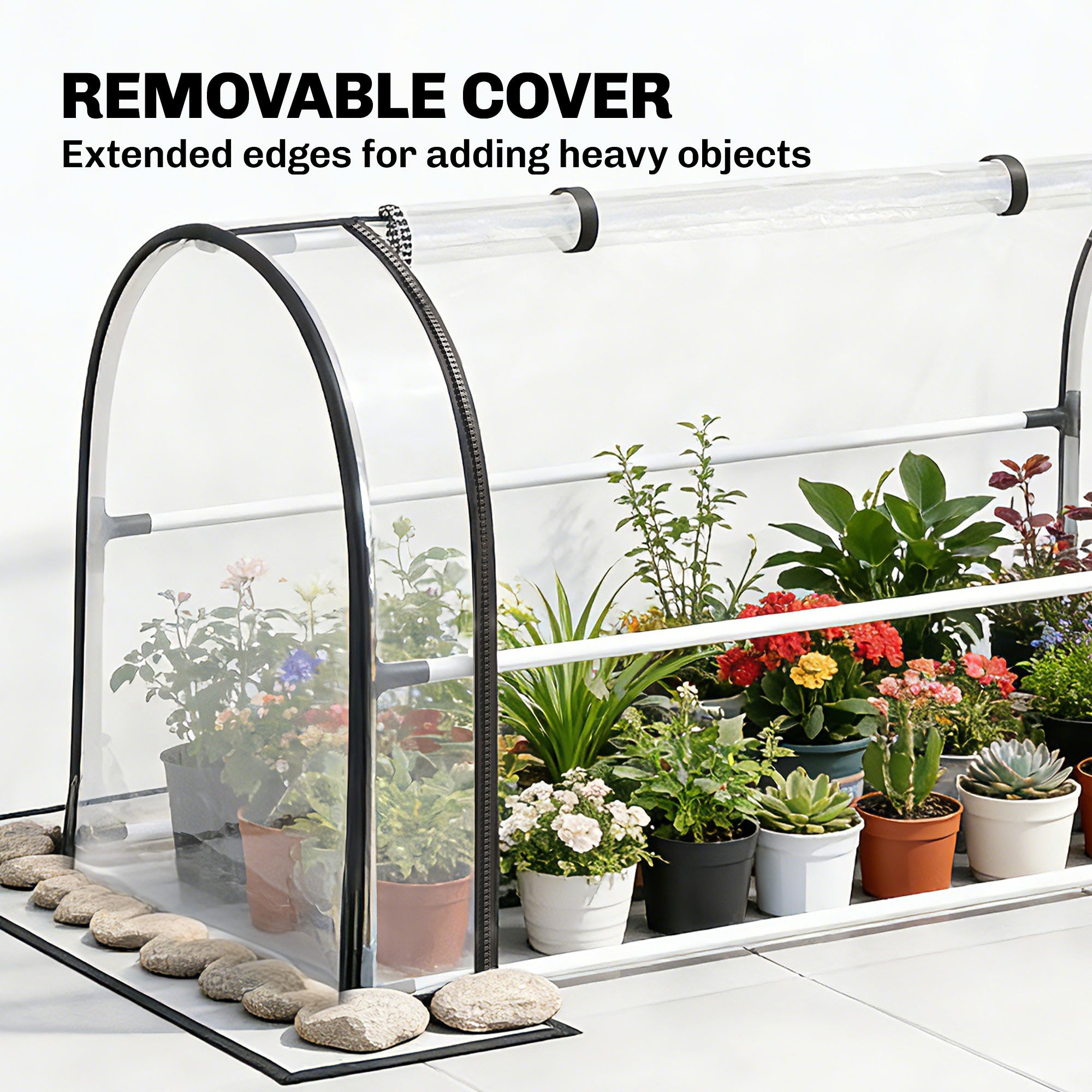 Raised Garden Bed with Flip-Up Greenhouse Cover, Metal Elevated Garden Bed with Legs and Drainage Hole, White