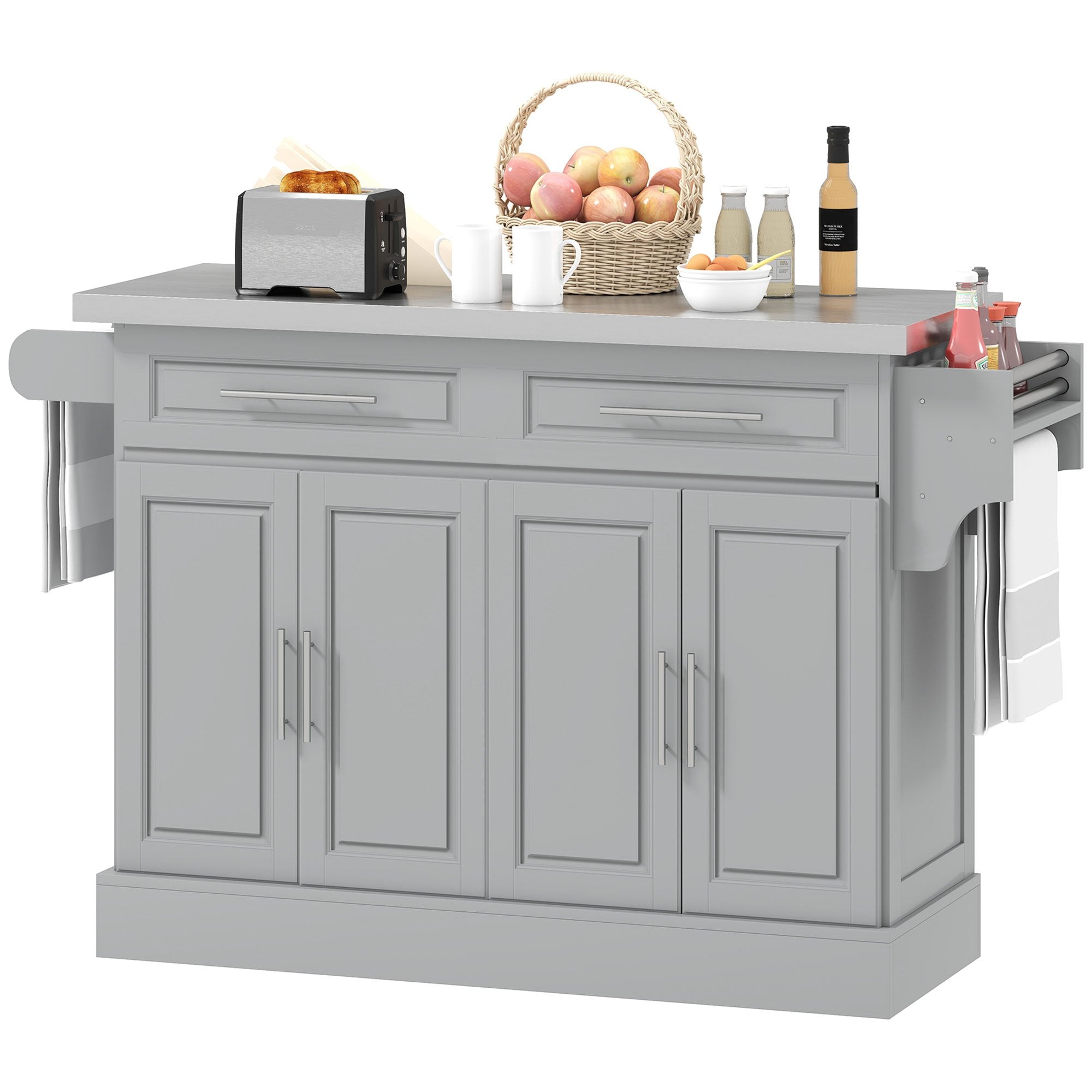 Rolling Kitchen Island Cart with 47" Stainless Steel Top, Portable Island Table for Kitchen with Wheels, Adjustable Shelves, 2 Drawers, Spice, Knife and Towel Rack, Gray
