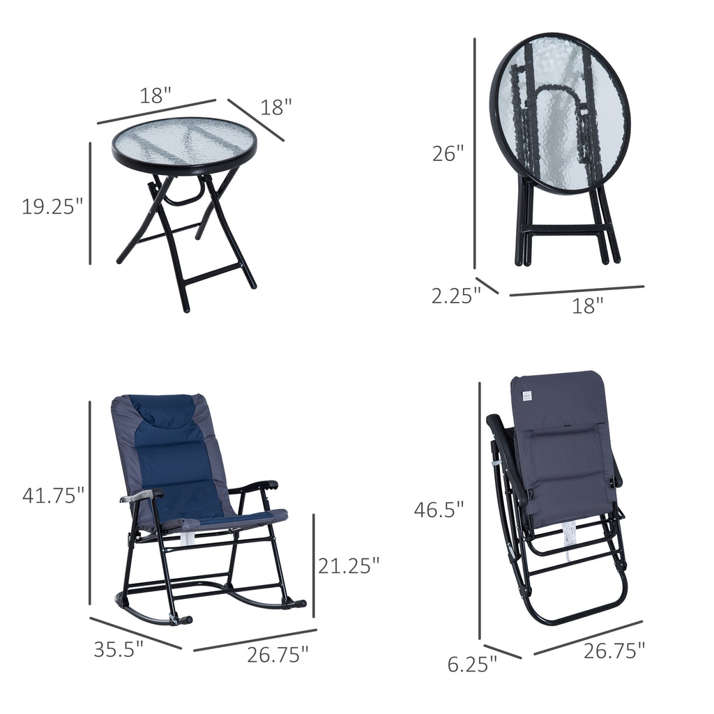 3 Piece Outdoor Folding Rocking Chair and Table Set - Blue and Gray