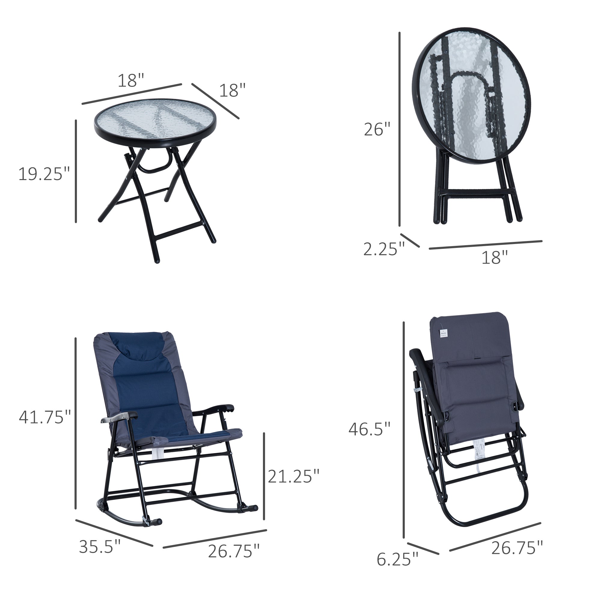3 Piece Outdoor Folding Rocking Chair and Table Set - Blue and Gray
