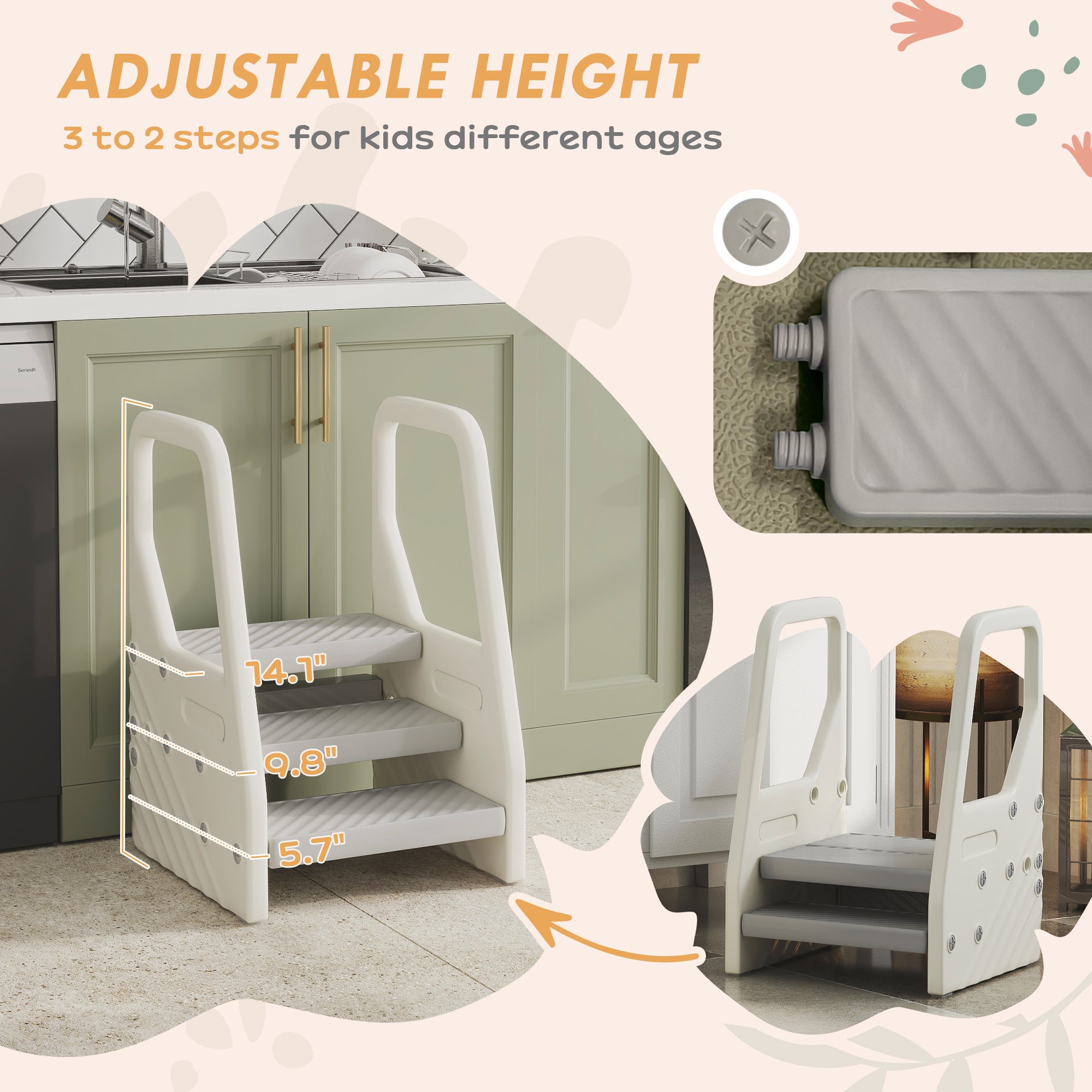 Adjustable 3 Step Toddler Tower with Handles, Non-slip Surface & Foot Pads, Gray