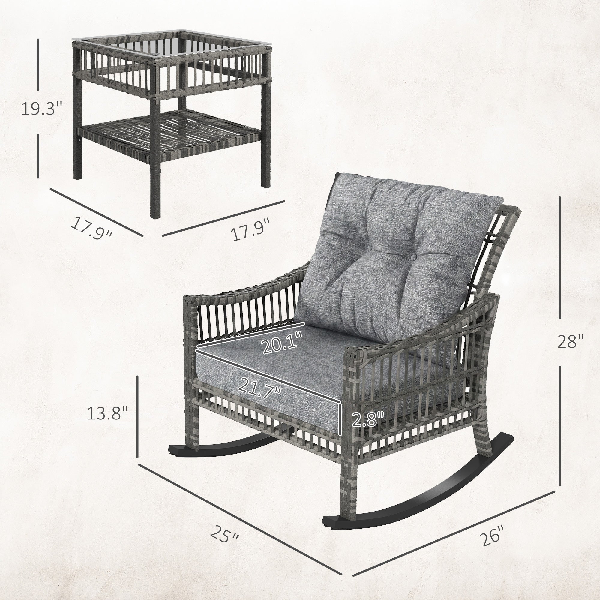 3 Piece Outdoor PE Rattan Rocker Chair Set, Rocking Chair with Tempered Glass Table Top, Gray