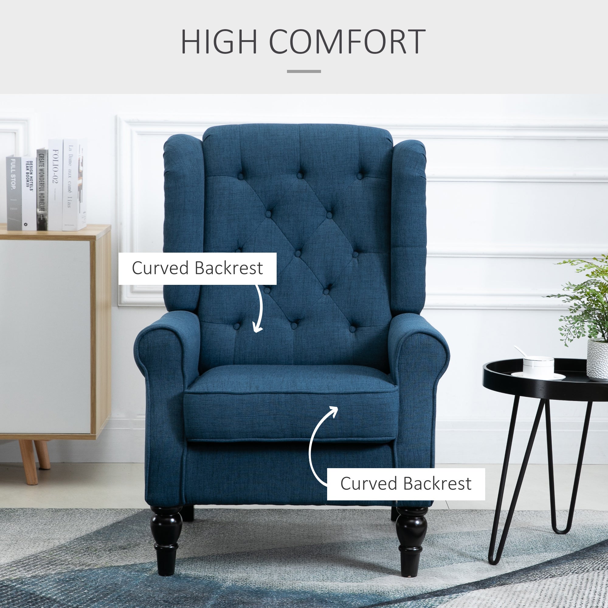 Button-Tufted Accent Chair with High Wingback, Rounded Cushioned Armrests and Thick Padded Seat, Set of 2, Blue