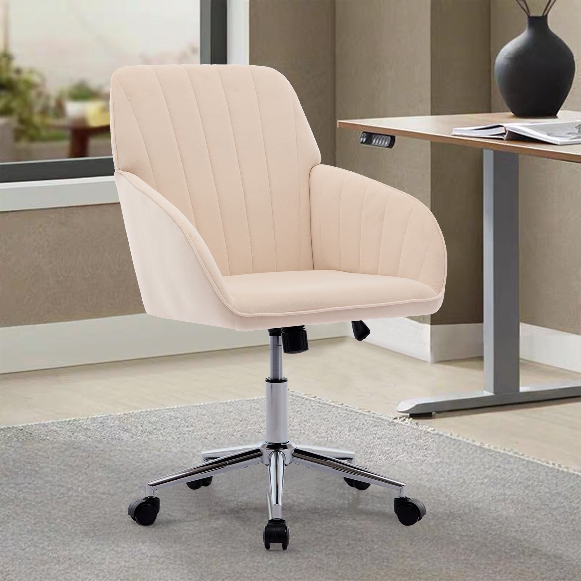 Adjustable Swivel Chair with Memory Foam Cushion and Lumbar Support, Ergonomic Office Chair with Silver Base, 25" L x 23" W x 38" H, khaki