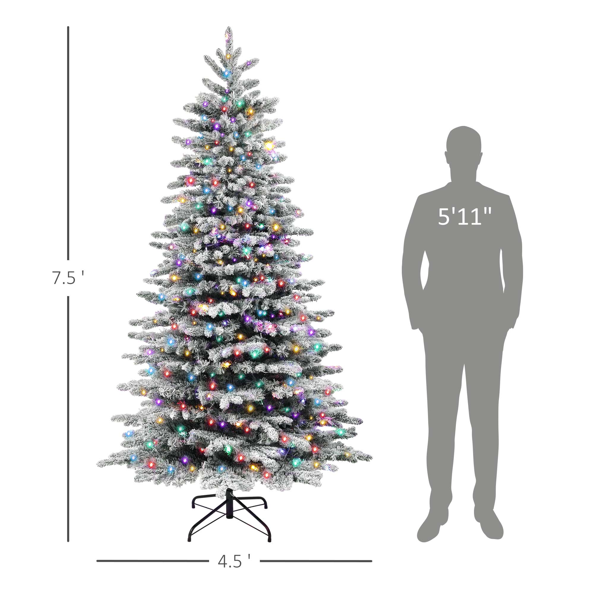 7.5ft Snow Flocked Artificial Christmas Tree, Pre-Lit Christmas Tree with 500 LED Lights and 1264 Branch Tips, Green