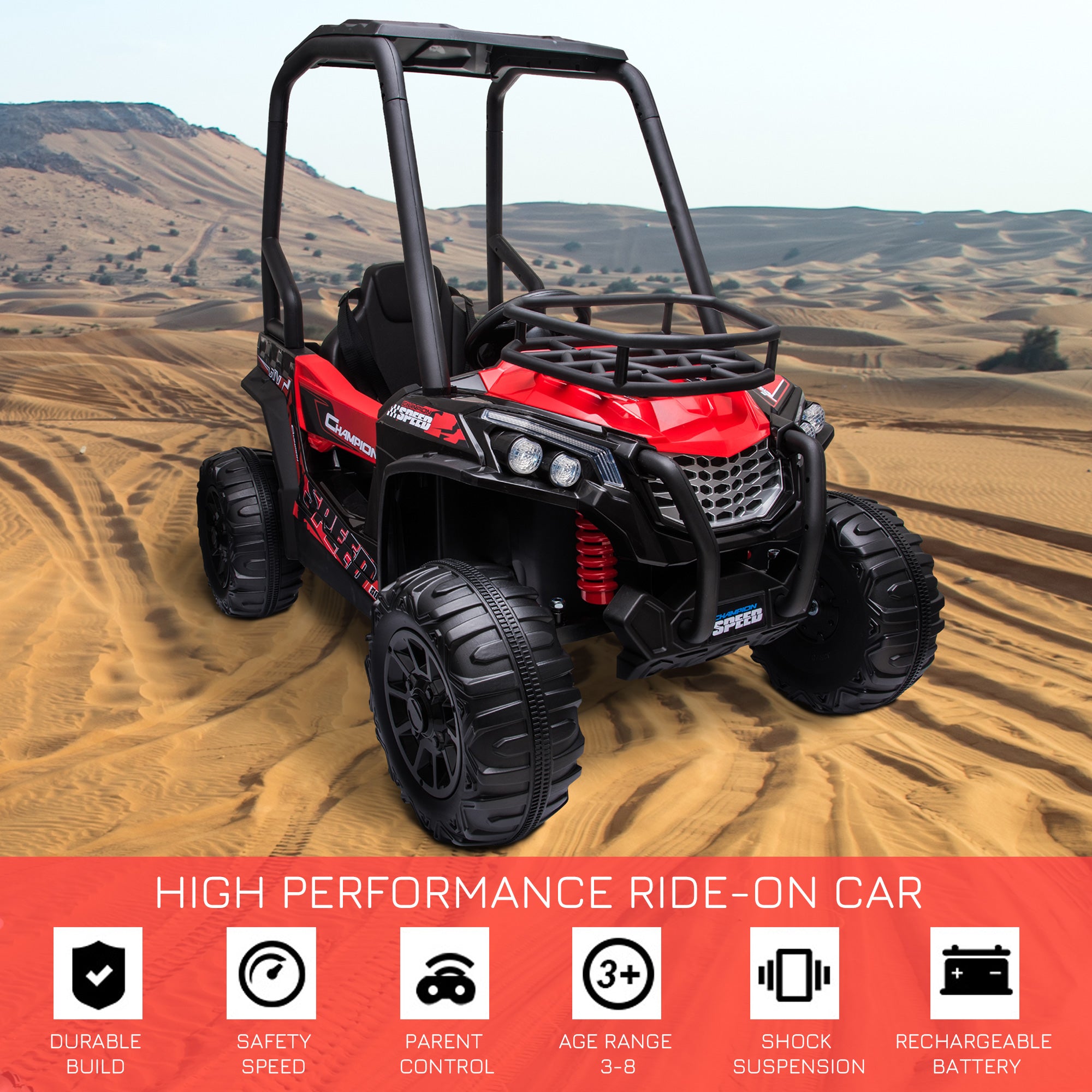 12V Kids UTV with Music, Lights, MP3/USB, Suspension System, Remote Control, Red
