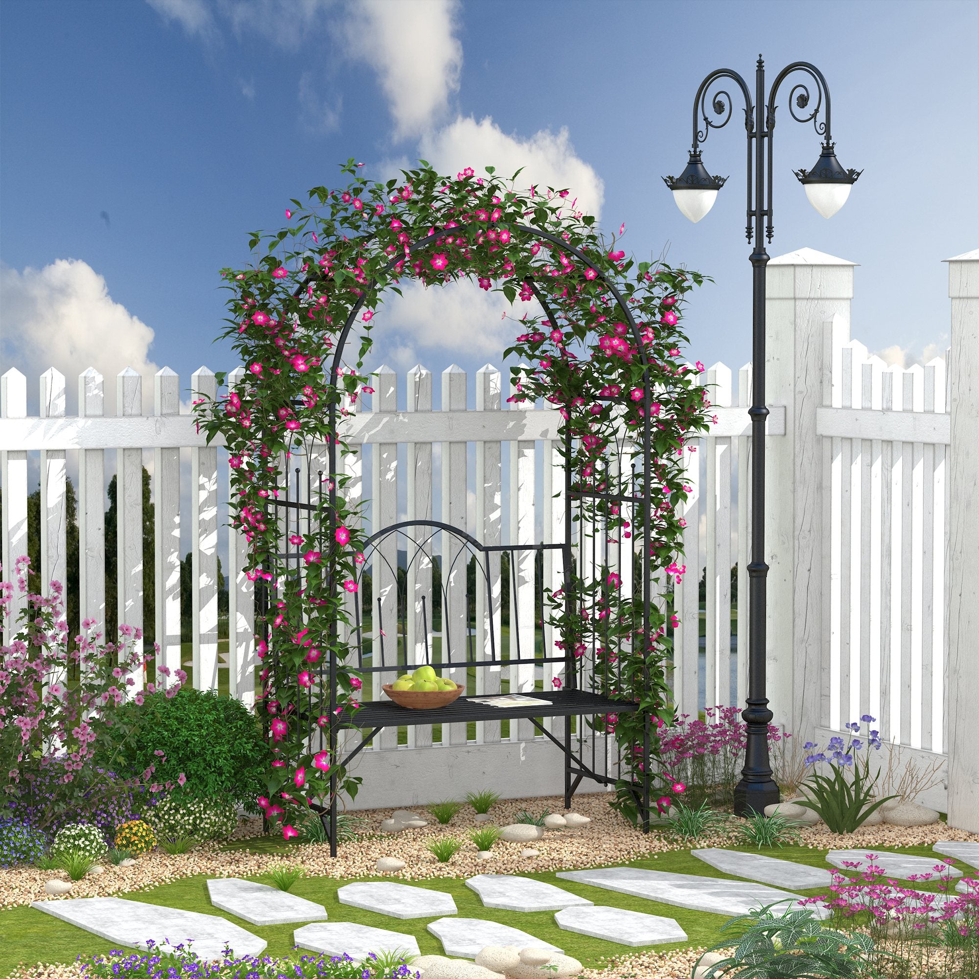 Metal Trellis Arbor Arch for Climbing Plants with Garden Bench, Grow Grapes & Vines, Patio Decor & 2-Person Outdoor Interlacing Decorative Seating with Tips, 484 lbs. Weight Capacity, Black