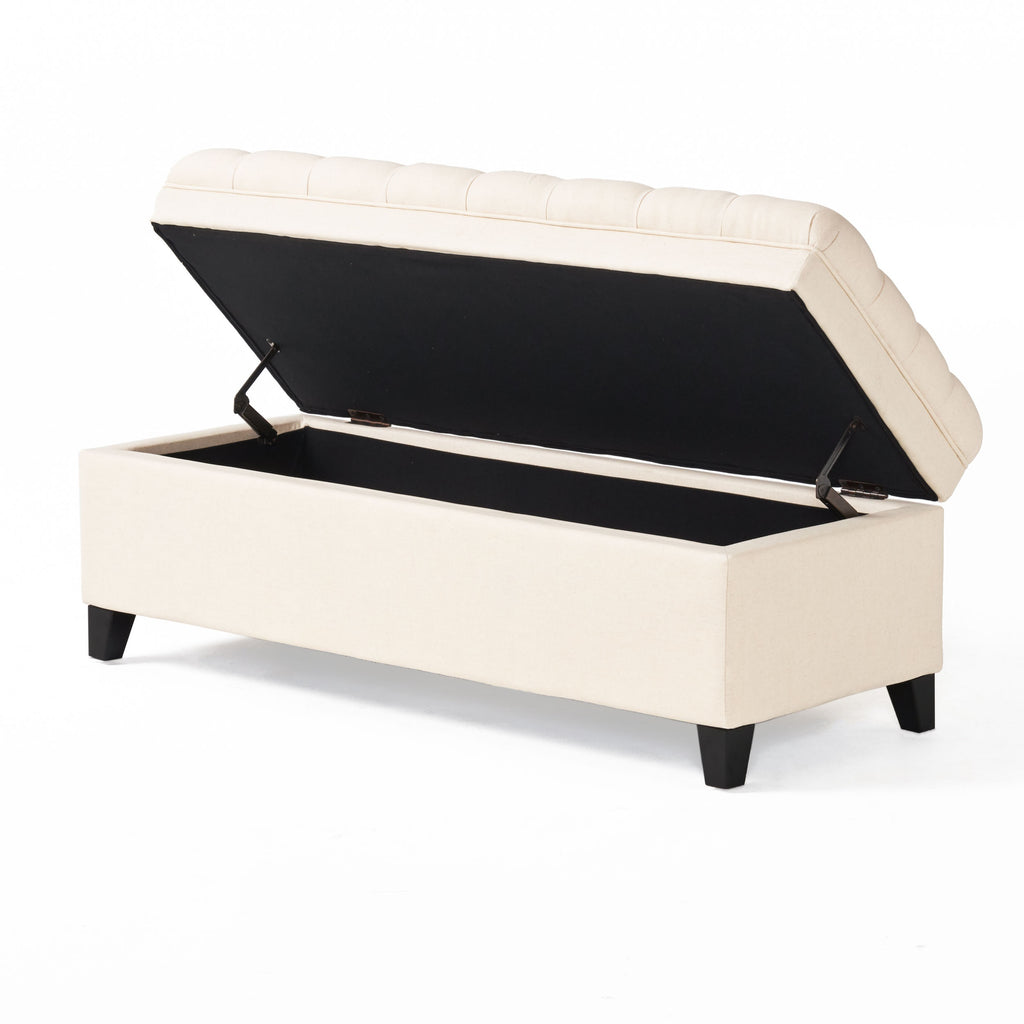 Storage Ottoman with Birch Legs, Hand-Tufted Fabric, 50" L x 20.5" W x 18.25" H, Spot Clean, Beige